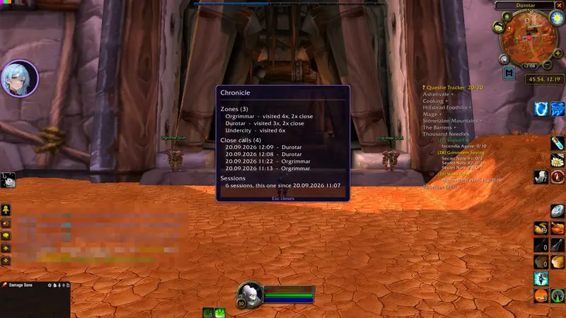 Das Chronik-Fenster mitten im Bild: „Zones (3)“ mit Orgrimmar, Durotar und Undercity samt Besuchszahl, darunter „Close calls (4)“ mit Datum, Uhrzeit und Zone, ganz unten „Sessions“. Kein Charakter- und kein Gildenname.