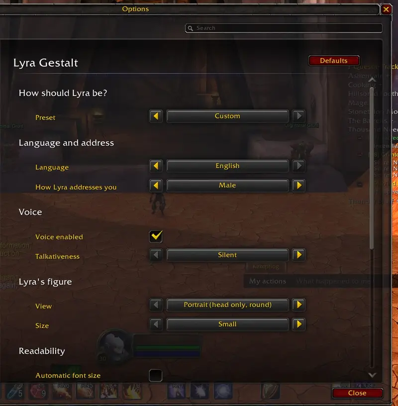 Blizzards Optionsfenster, überschrieben mit „Lyra Gestalt“. Untereinander die Abschnitte „How should Lyra be?“ mit dem Preset, „Language and address“ mit Sprache und Anrede, „Voice“ mit Schalter und Gesprächigkeit, „Lyra's figure“ mit Ansicht und Größe und darunter „Readability“.